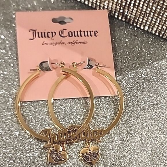Juicy Couture Logo Drop Heart Crown Hoop Earrings - Picture 4 of 6